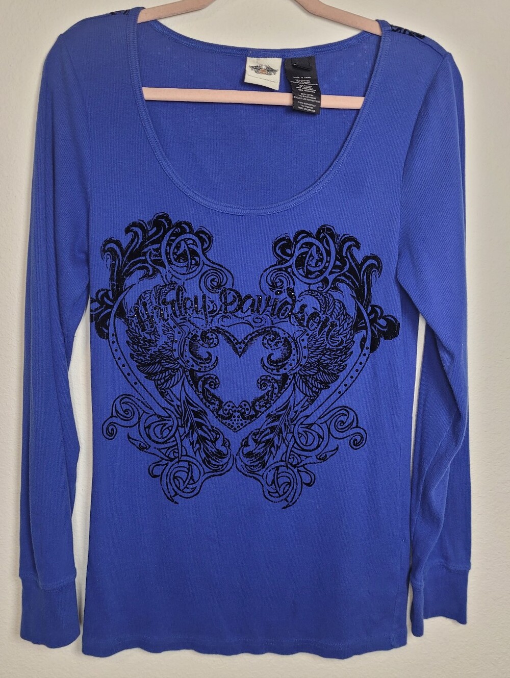 ​Harley Davidson XL Blue Graphic Long Sleeve Top Rhinestone Heart Y2K Biker